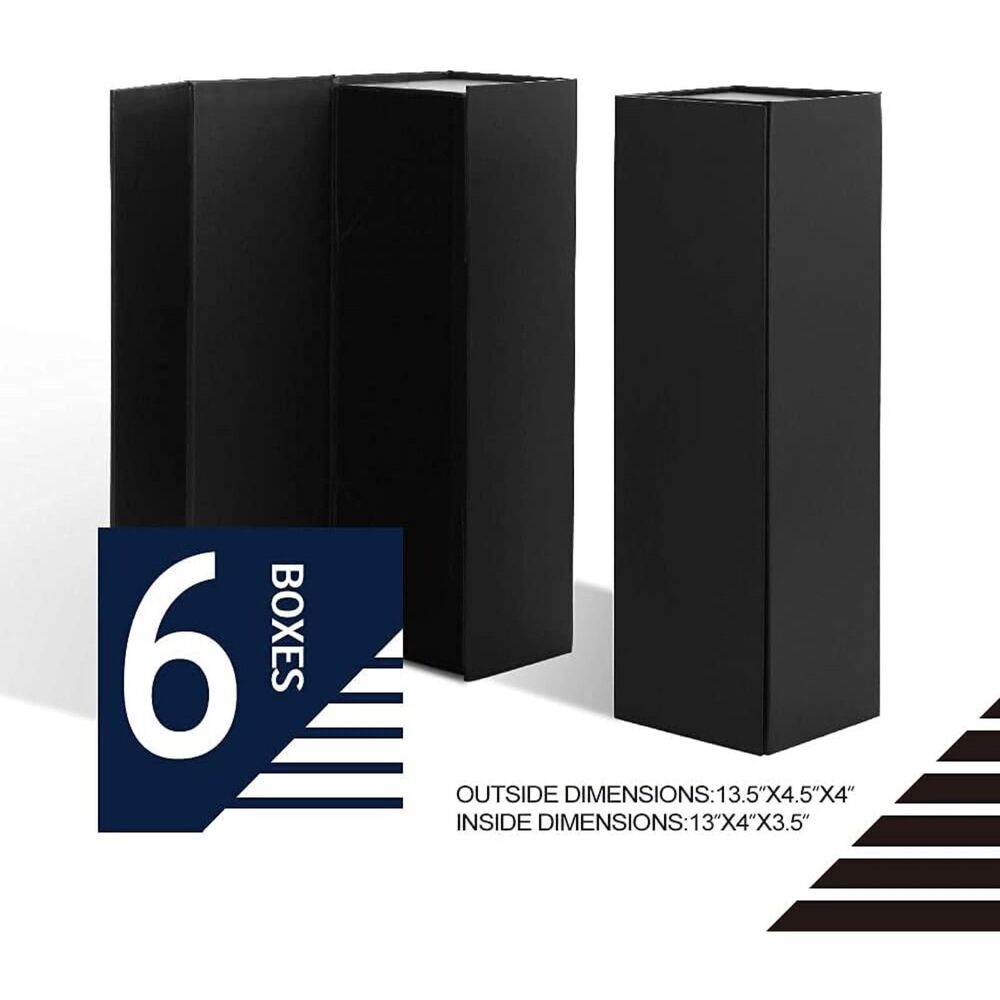 6 Wine Gift Boxes 13.5x4.5x4 Inches, Magnetic Closure Collapsible (Matte Black)